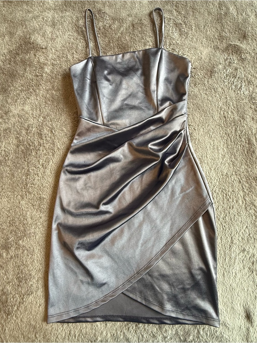 Windsor Lavender Satin Ruched Asymmetrical Mini Dress, S